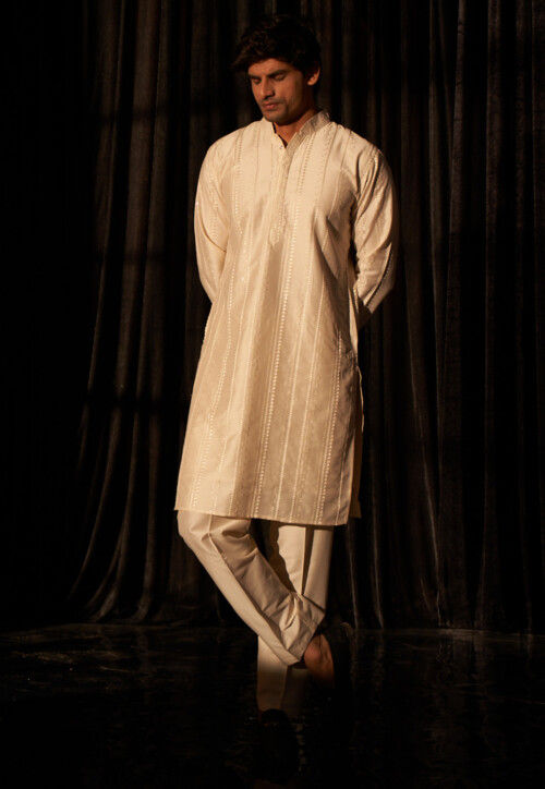 Embroidered Art Silk Kurta Set in Off White