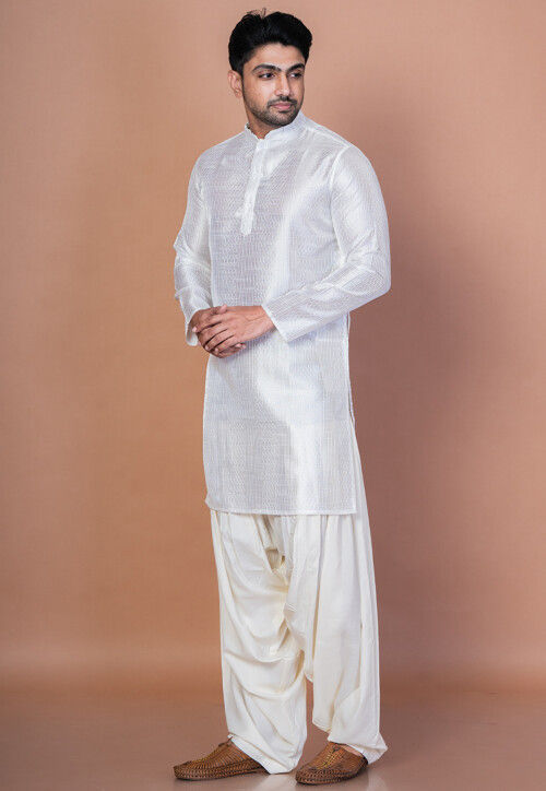 Embroidered Art Silk Kurta Set in Off White