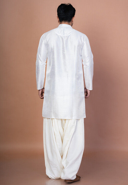 Embroidered Art Silk Kurta Set in Off White