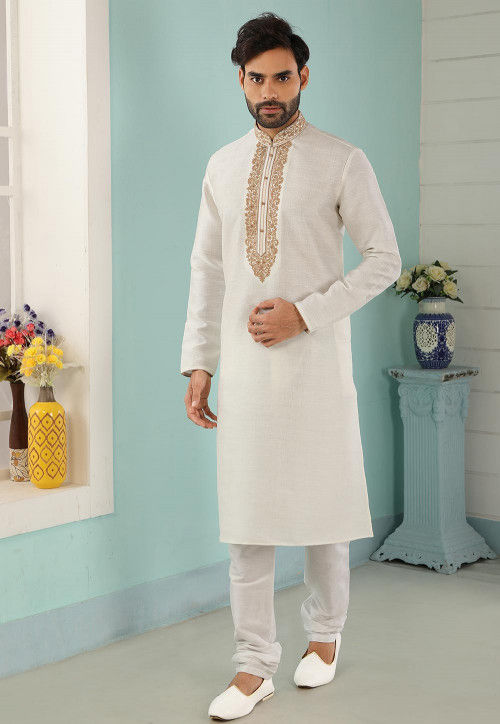 Embroidered Art Silk Kurta Set in Off White