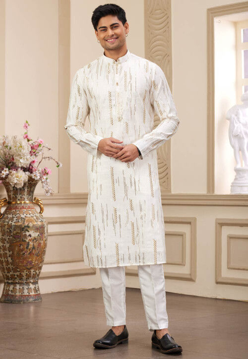 Embroidered Art Silk Kurta Set in Off White