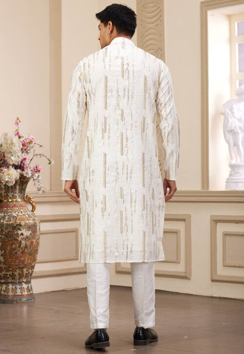 Embroidered Art Silk Kurta Set in Off White