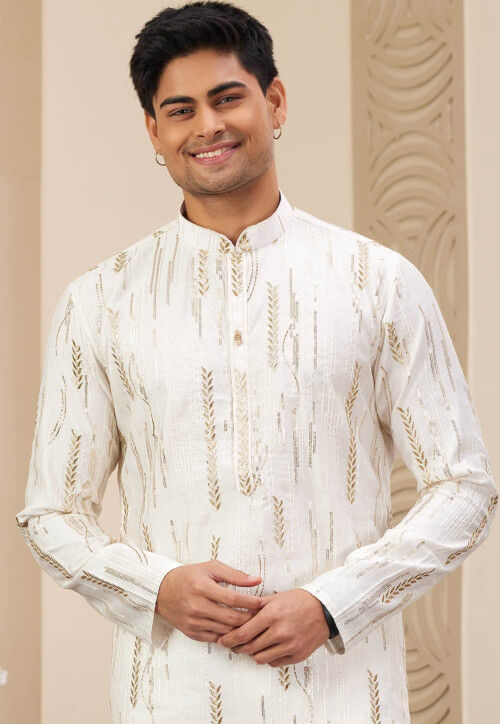 Embroidered Art Silk Kurta Set in Off White