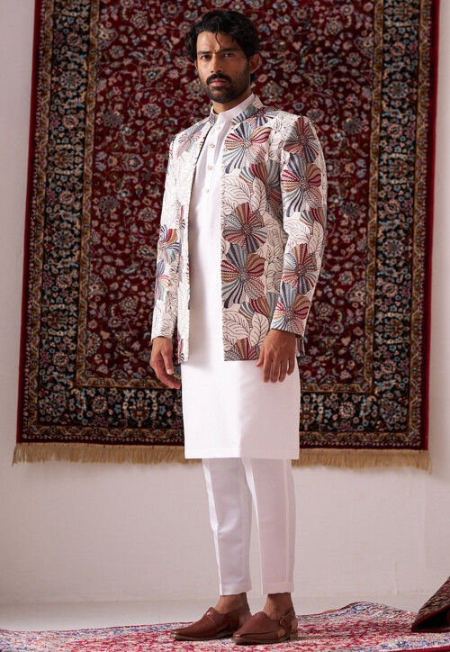 Embroidered Art Silk Kurta Set in Off White