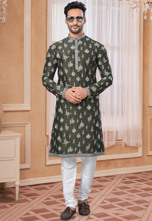 Embroidered Art Silk Kurta Set in Olive Green