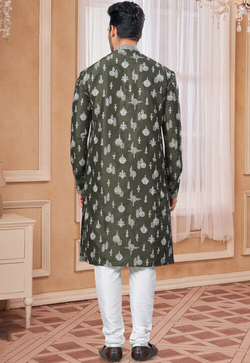 Embroidered Art Silk Kurta Set in Olive Green