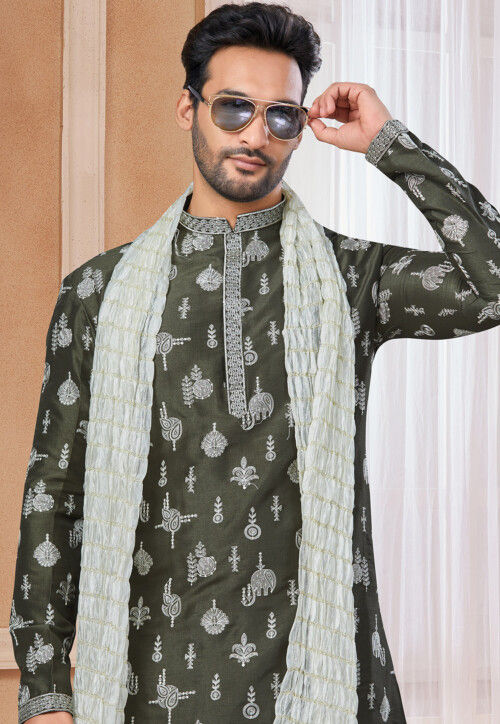 Embroidered Art Silk Kurta Set in Olive Green