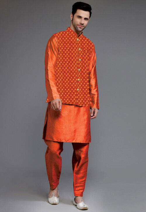 Embroidered Art Silk Kurta Set in Orange