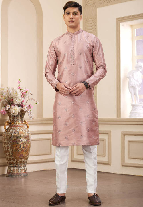 Embroidered Art Silk Kurta Set in Peach