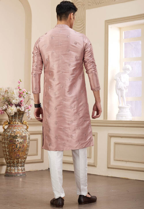 Embroidered Art Silk Kurta Set in Peach