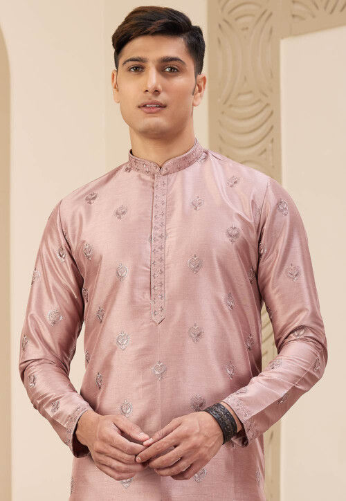 Embroidered Art Silk Kurta Set in Peach