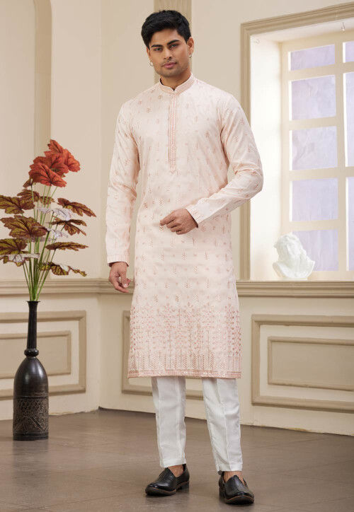 Embroidered Art Silk Kurta Set in Peach