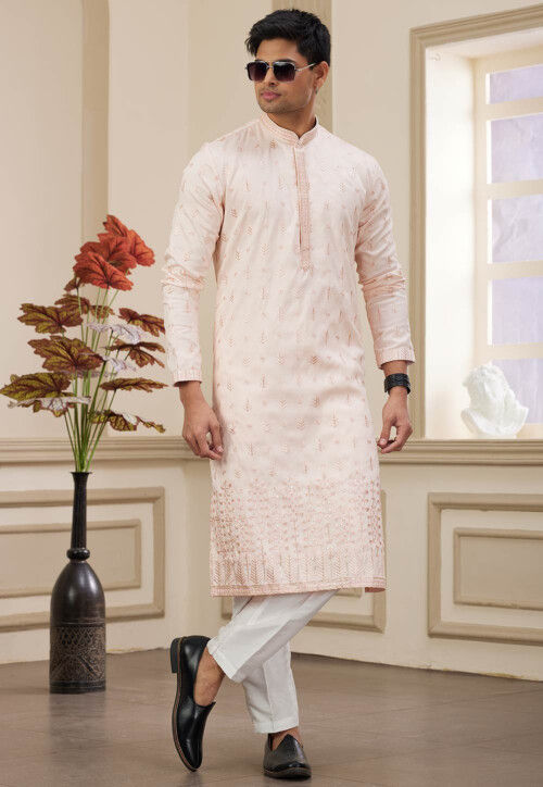 Embroidered Art Silk Kurta Set in Peach