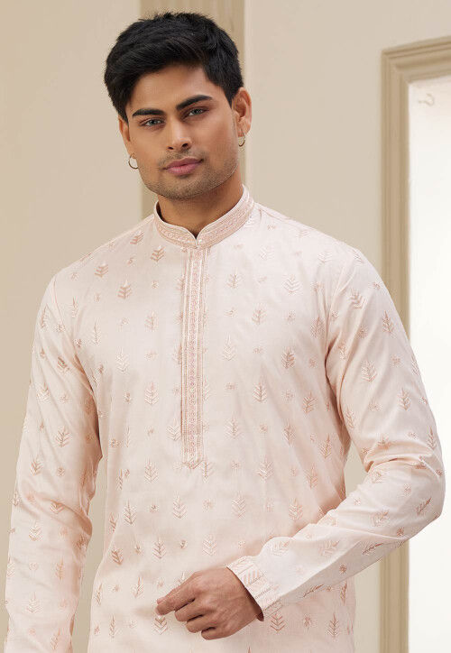 Embroidered Art Silk Kurta Set in Peach