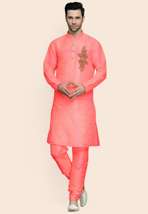 Embroidered Art Silk Kurta Set in Peach