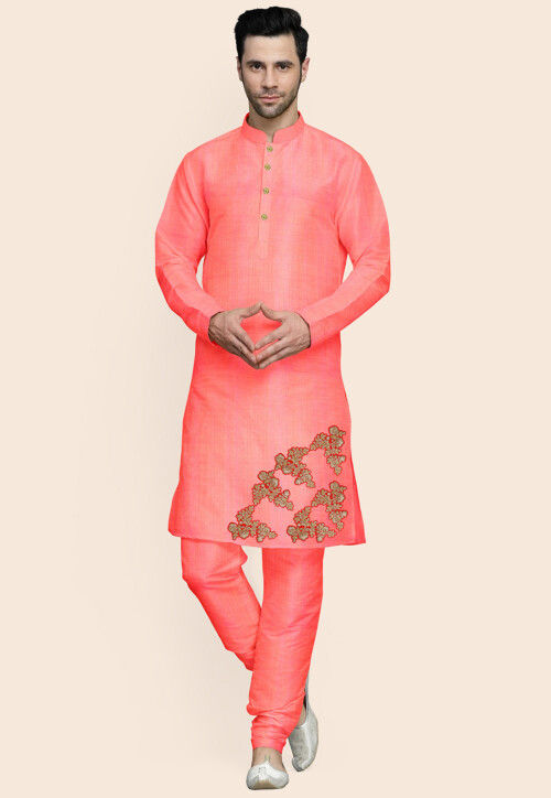 Embroidered Art Silk Kurta Set in Peach