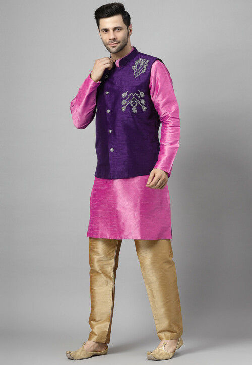 Embroidered Art Silk Kurta Set in Pink and Violet