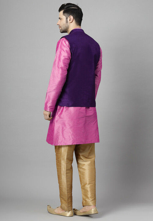 Embroidered Art Silk Kurta Set in Pink and Violet