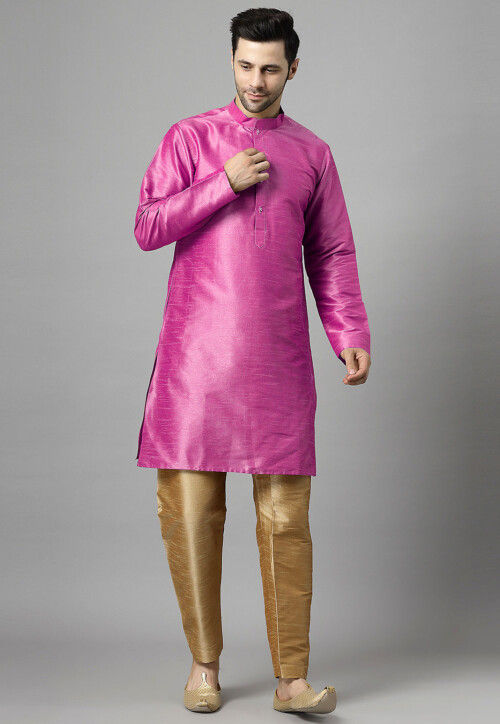 Embroidered Art Silk Kurta Set in Pink and Violet