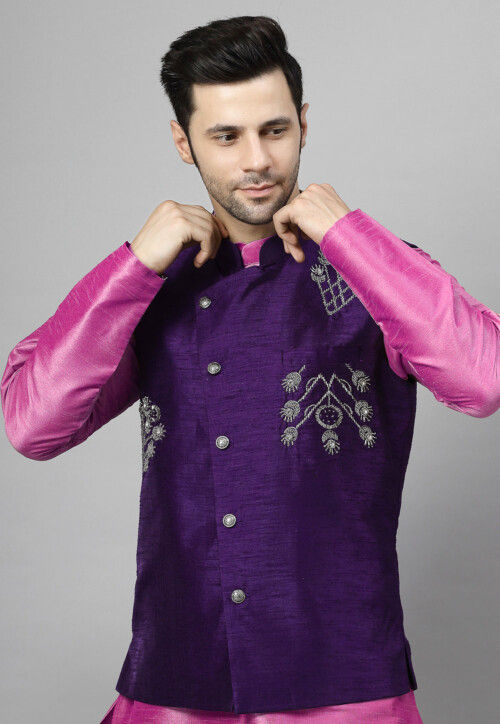Embroidered Art Silk Kurta Set in Pink and Violet