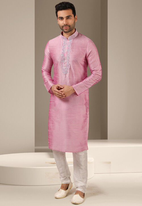 Embroidered Art Silk Kurta Set in Pink