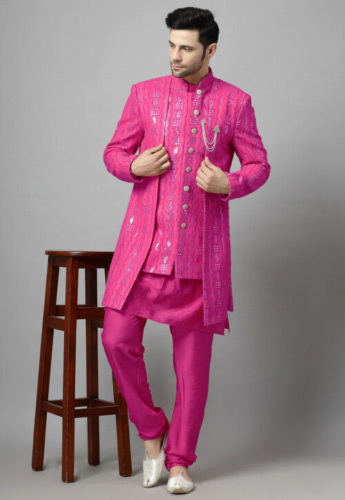 Embroidered Georgette Sherwani in Pink