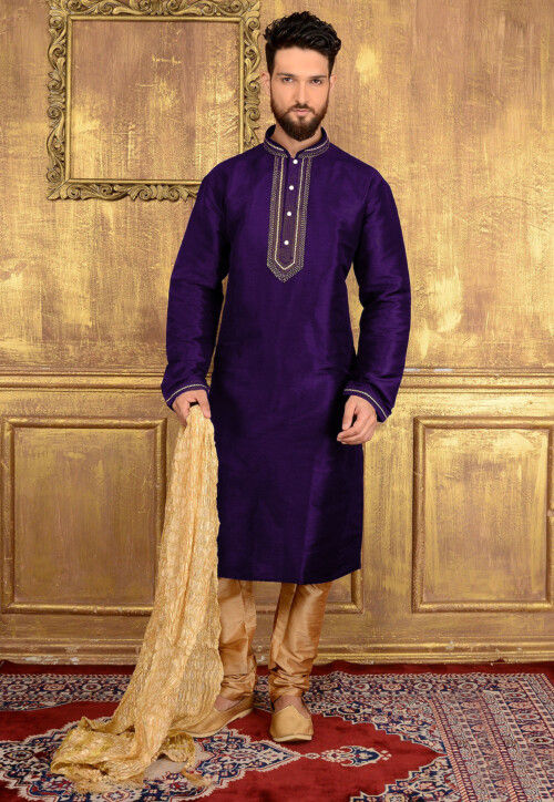 Buy Embroidered Art Silk Kurta Set in Purple Online MTE1046