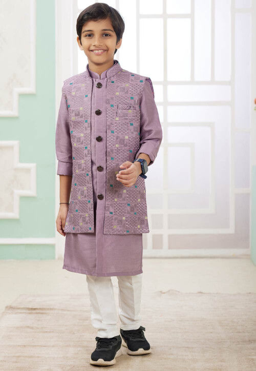 Embroidered Art Silk Kurta Set in Purple