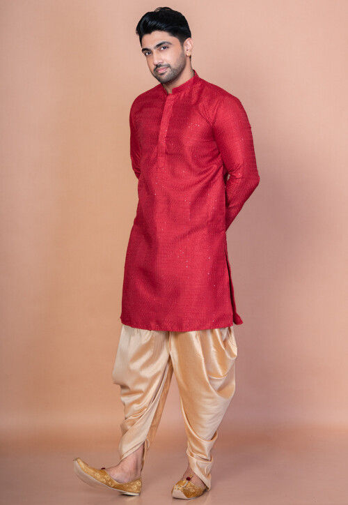 Embroidered Art Silk Kurta Set in Red