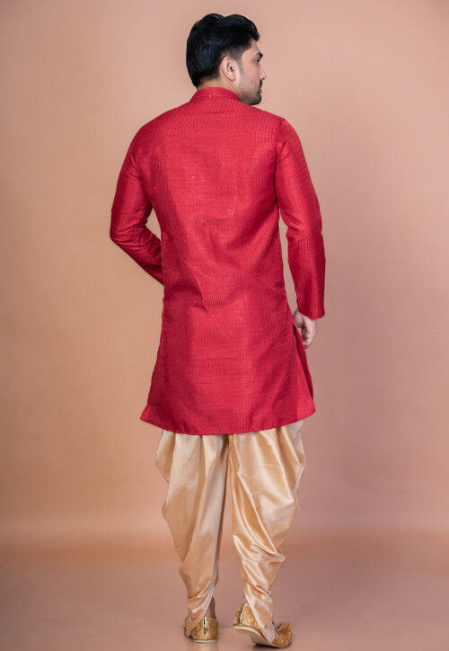 Embroidered Art Silk Kurta Set in Red