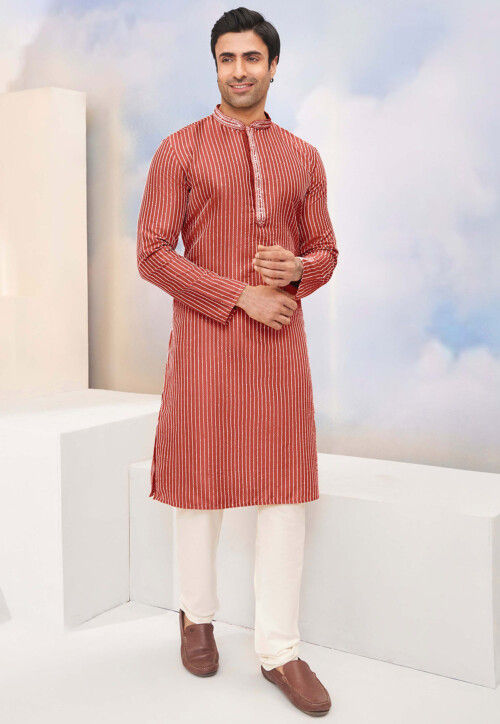 Embroidered Art Silk Kurta Set in Red