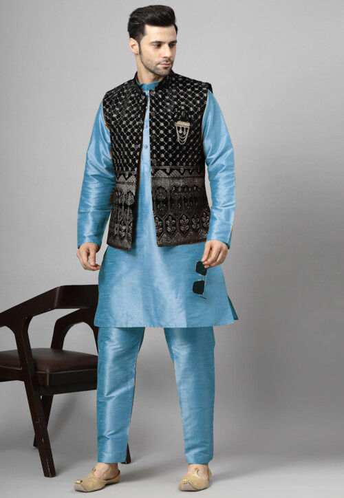 Embroidered Art Silk Kurta Set in Sky Blue and Black