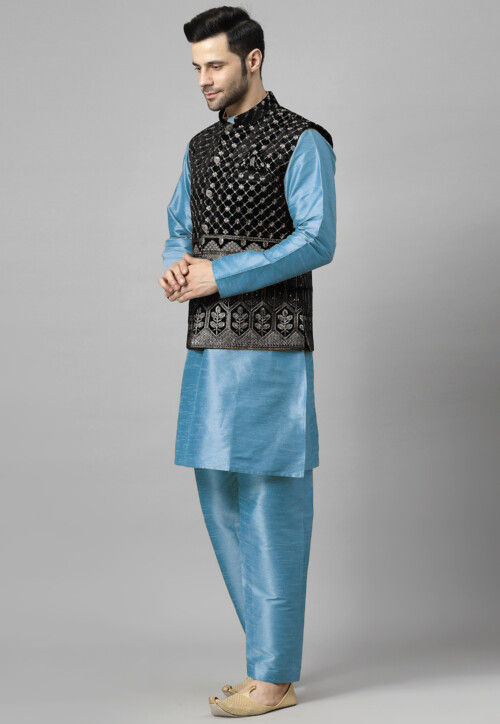 Embroidered Art Silk Kurta Set in Sky Blue and Black