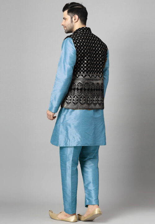 Embroidered Art Silk Kurta Set in Sky Blue and Black