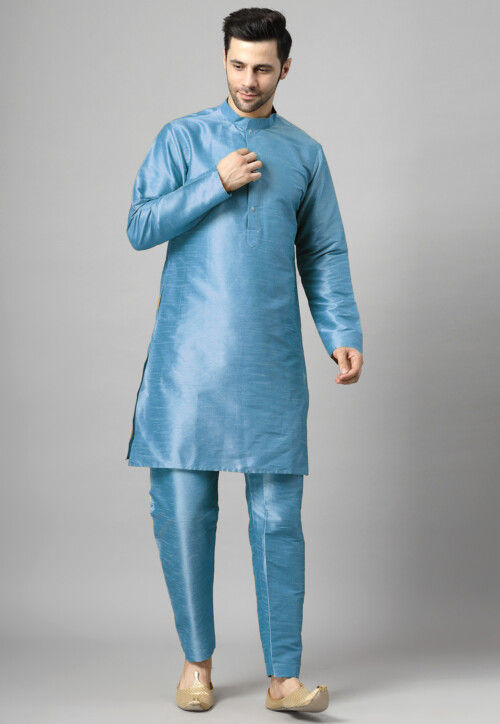 Embroidered Art Silk Kurta Set in Sky Blue and Black