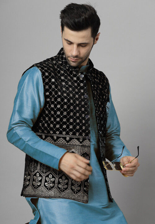 Embroidered Art Silk Kurta Set in Sky Blue and Black