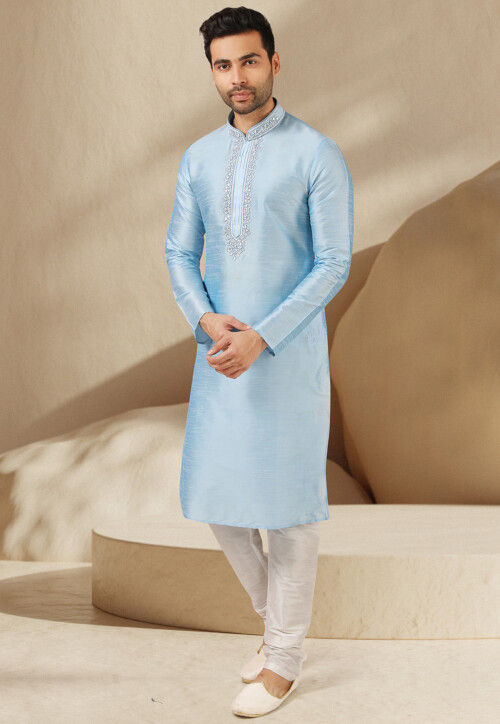 Embroidered Art Silk Kurta Set in Sky Blue