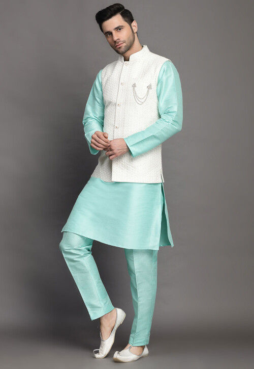Buy online Light Blue Printed Kurta Pyjama Set With White Solid Nehru Jacket  from Clothing for Men by Hangup for ₹2169 at 73% off | 2024 Limeroad.com