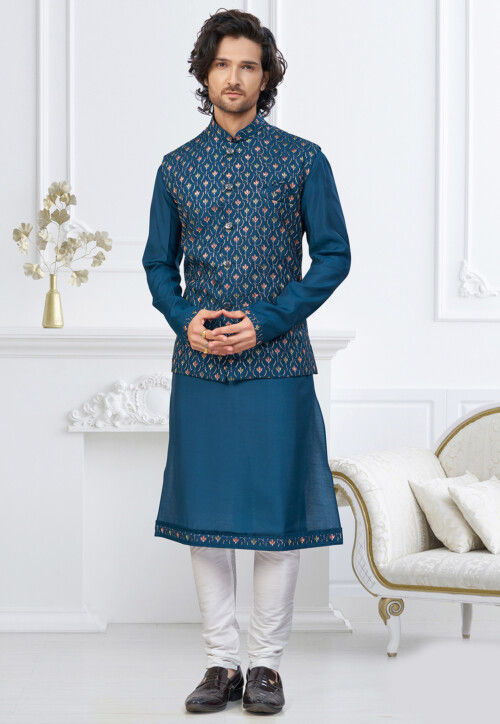 Embroidered Art Silk Kurta Set in Teal Blue