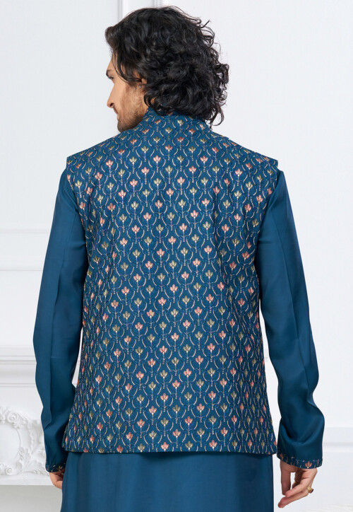 Embroidered Art Silk Kurta Set in Teal Blue