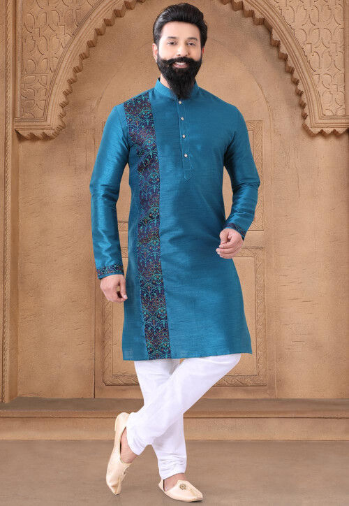 Embroidered Art Silk Kurta Set in Teal Blue