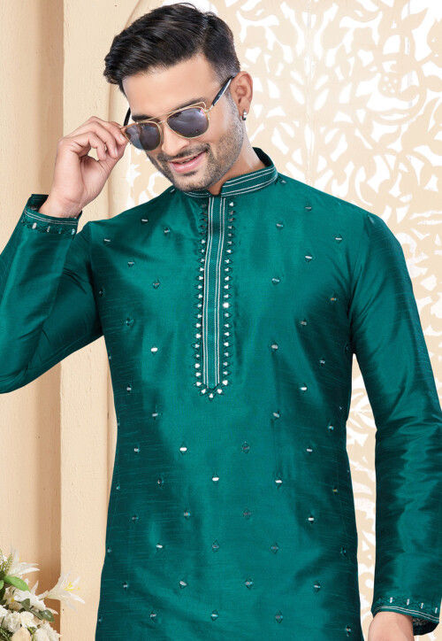 Embroidered Art Silk Kurta Set in Teal Green