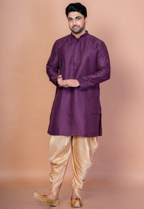 Embroidered Art Silk Kurta Set in Violet