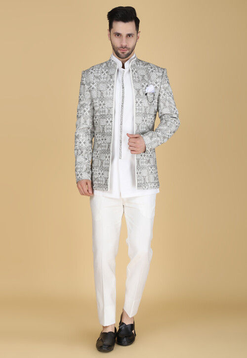 Embroidered Art Silk Kurta Set in White