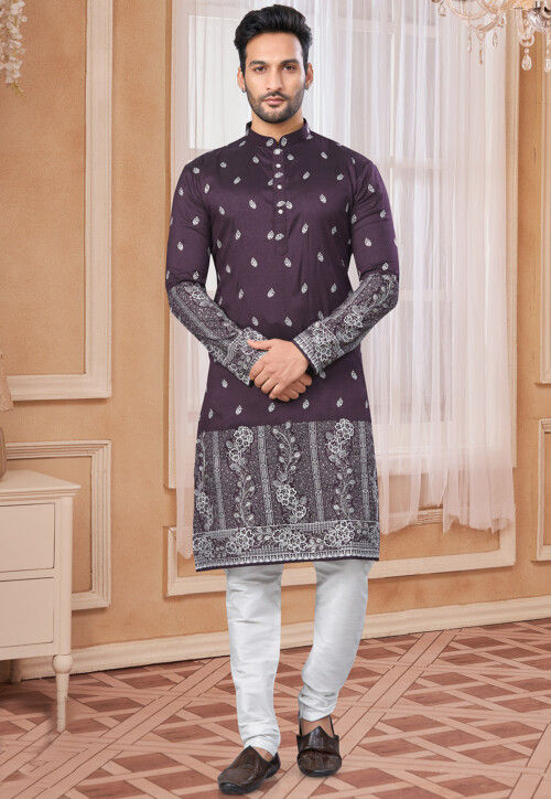 Embroidered Art Silk Kurta Set in Wine