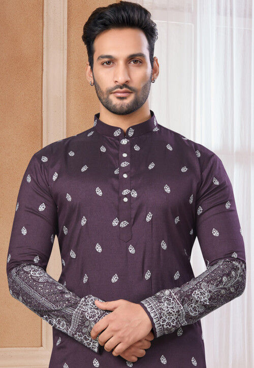 Embroidered Art Silk Kurta Set in Wine