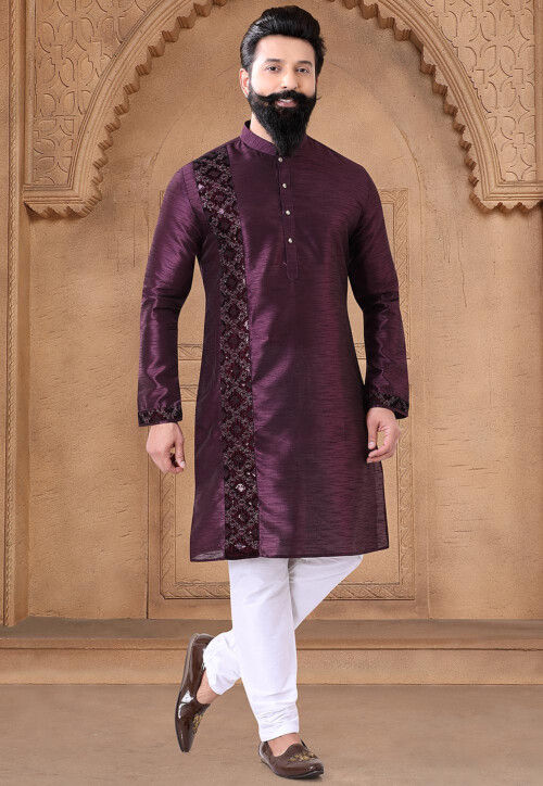 Embroidered Art Silk Kurta Set in Wine