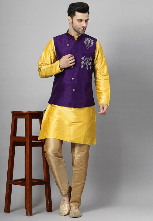Embroidered Art Silk Kurta Set in Yellow and Violet