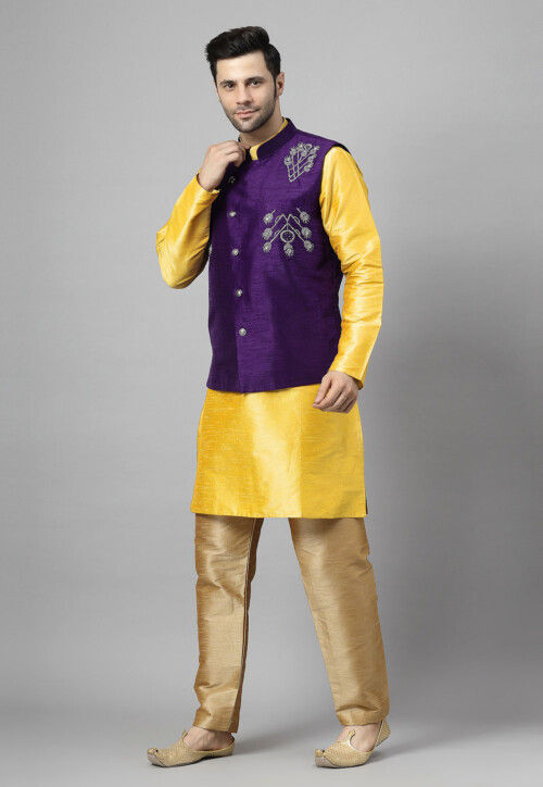 Embroidered Art Silk Kurta Set in Yellow and Violet