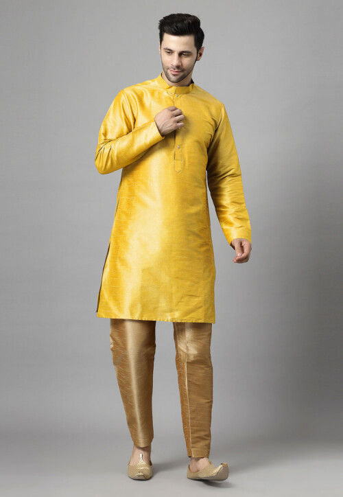 Embroidered Art Silk Kurta Set in Yellow and Violet